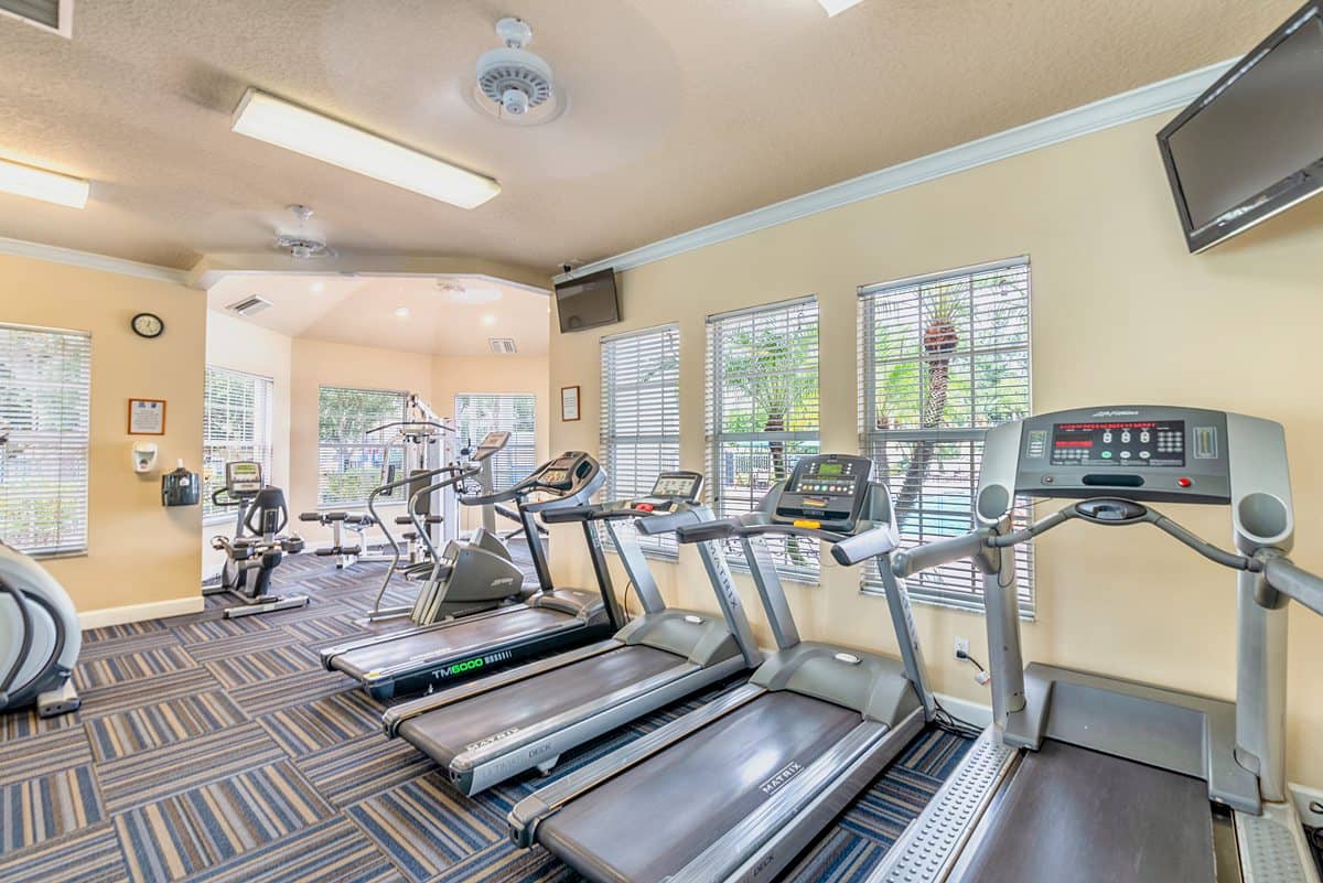 Interior of a modest gym at Windsor Palms Resort with cardio machines, large windows and a wall-mounted TV.